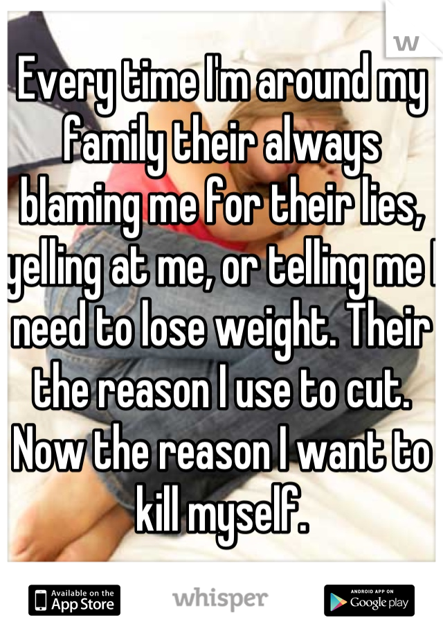 Every time I'm around my family their always blaming me for their lies, yelling at me, or telling me I need to lose weight. Their the reason I use to cut. Now the reason I want to kill myself.