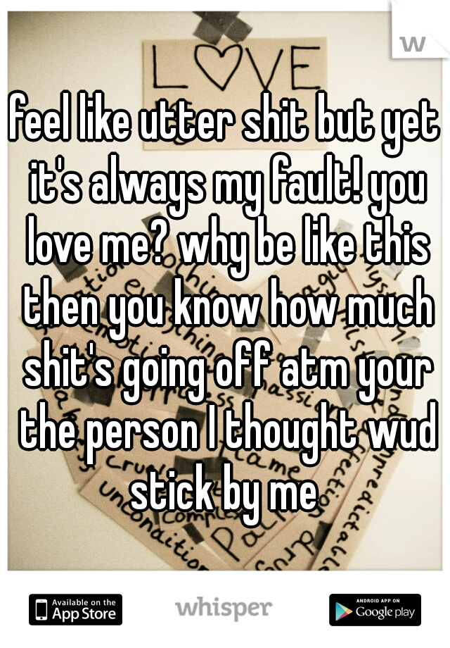 feel like utter shit but yet it's always my fault! you love me? why be like this then you know how much shit's going off atm your the person I thought wud stick by me 