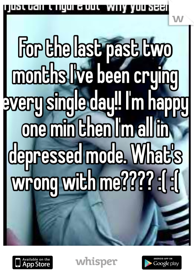For the last past two months I've been crying every single day!! I'm happy one min then I'm all in depressed mode. What's wrong with me???? :( :(
