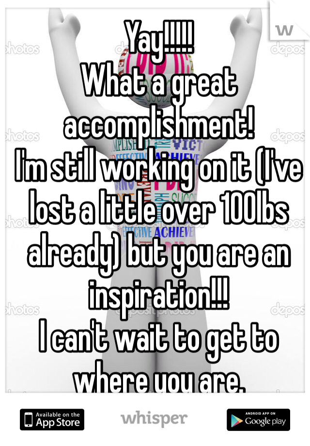 Yay!!!!!
What a great accomplishment!
I'm still working on it (I've lost a little over 100lbs already) but you are an inspiration!!!
I can't wait to get to where you are. 