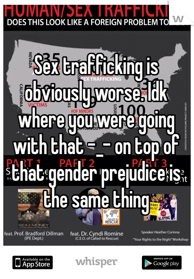 Sex trafficking is obviously worse. Idk where you were going with that -_- on top of that gender prejudice is the same thing 