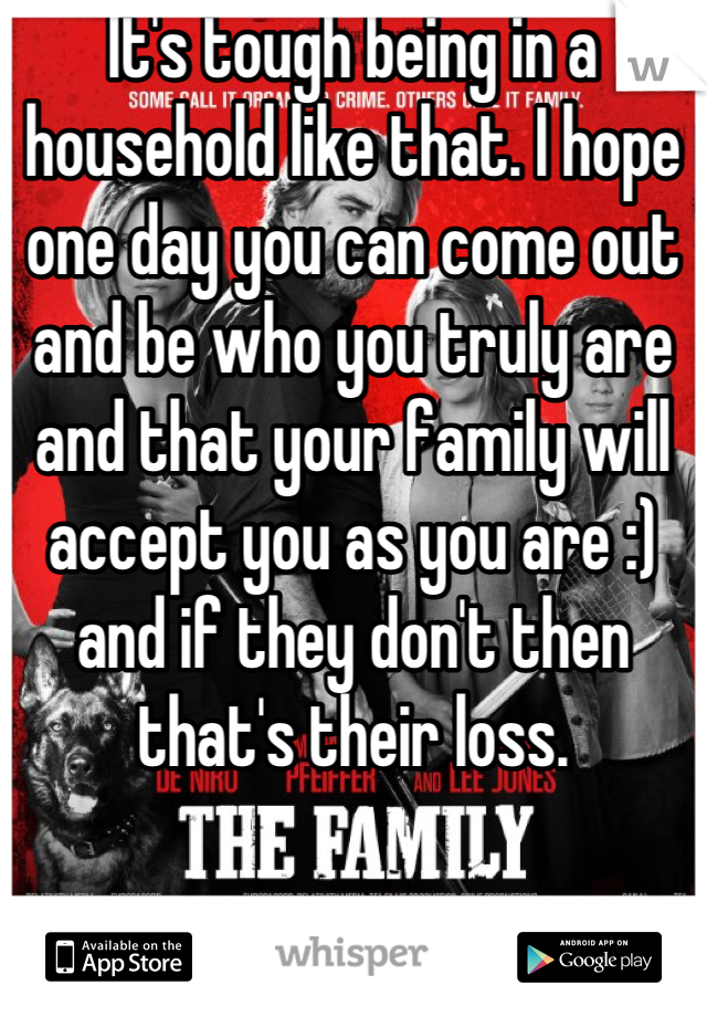 It's tough being in a household like that. I hope one day you can come out and be who you truly are and that your family will accept you as you are :) and if they don't then that's their loss.