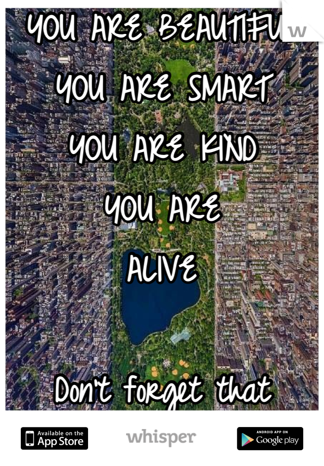 YOU ARE BEAUTIFUL
YOU ARE SMART
YOU ARE KIND
YOU ARE
ALIVE

Don't forget that
