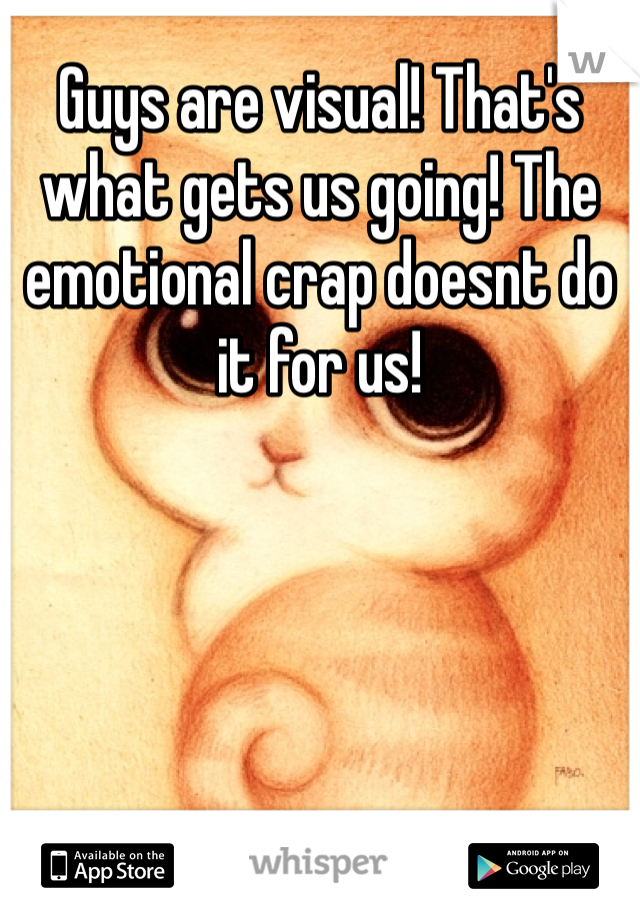 Guys are visual! That's what gets us going! The emotional crap doesnt do it for us!