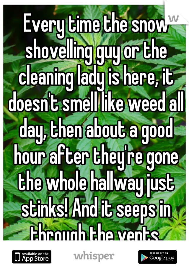 Every time the snow shovelling guy or the cleaning lady is here, it doesn't smell like weed all day, then about a good hour after they're gone the whole hallway just stinks! And it seeps in through the vents.
