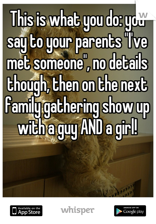 This is what you do: you say to your parents "I've met someone", no details though, then on the next family gathering show up with a guy AND a girl!