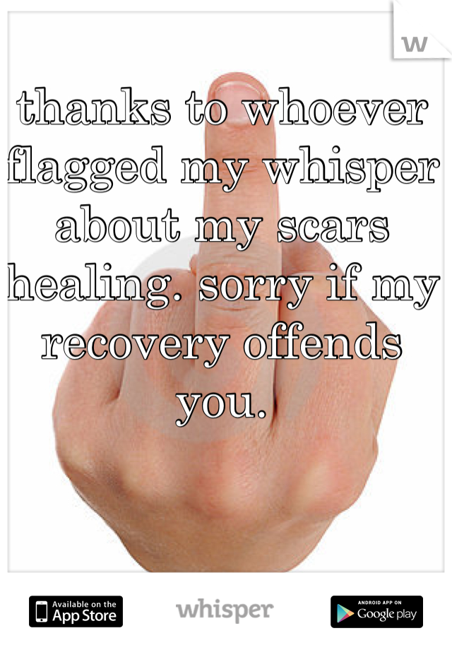 thanks to whoever flagged my whisper about my scars healing. sorry if my recovery offends you. 