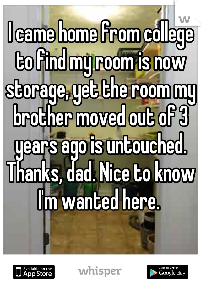 I came home from college to find my room is now storage, yet the room my brother moved out of 3 years ago is untouched. Thanks, dad. Nice to know I'm wanted here. 
