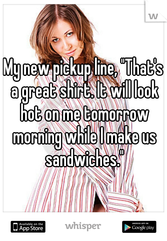 My new pickup line, "That's a great shirt. It will look hot on me tomorrow morning while I make us sandwiches."