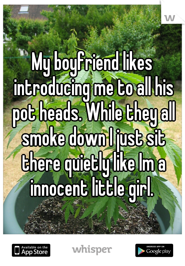 My boyfriend likes introducing me to all his pot heads. While they all smoke down I just sit there quietly like Im a innocent little girl. 