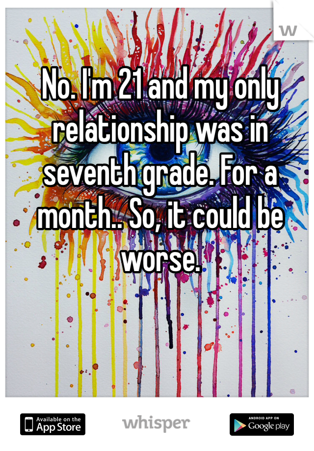 No. I'm 21 and my only relationship was in seventh grade. For a month.. So, it could be worse. 