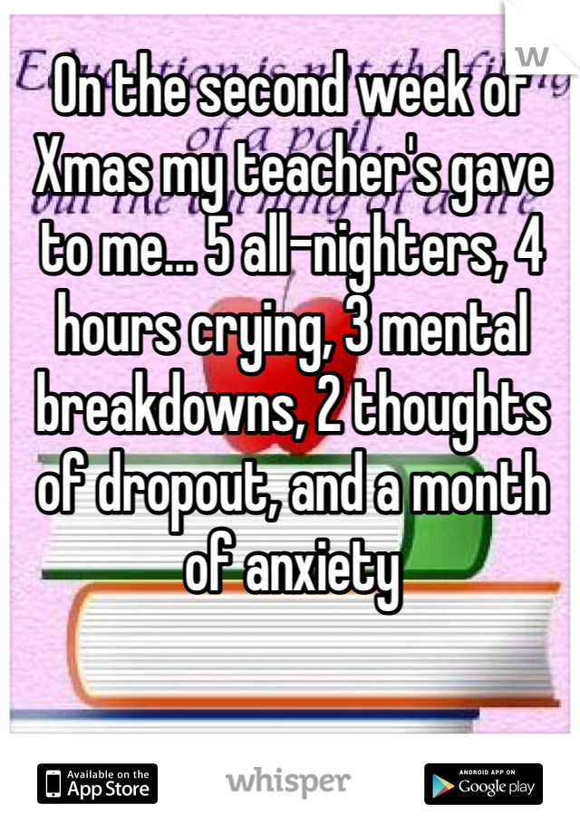 On the second week of Xmas my teacher's gave to me... 5 all-nighters, 4 hours crying, 3 mental breakdowns, 2 thoughts of dropout, and a month of anxiety