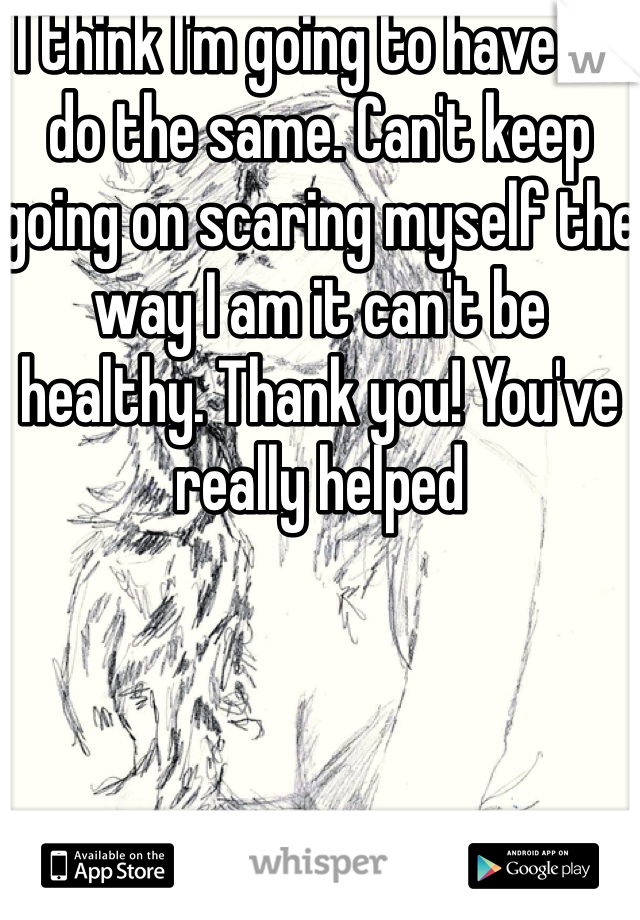 I think I'm going to have to do the same. Can't keep going on scaring myself the way I am it can't be healthy. Thank you! You've really helped 