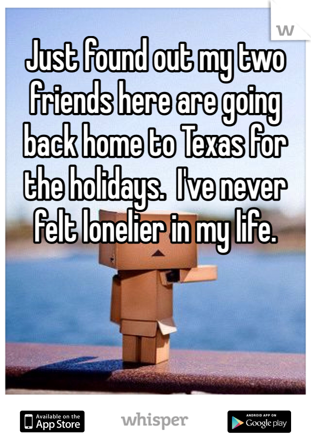 Just found out my two friends here are going back home to Texas for the holidays.  I've never felt lonelier in my life.