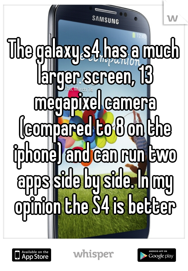 The galaxy s4 has a much larger screen, 13 megapixel camera (compared to 8 on the iphone) and can run two apps side by side. In my opinion the S4 is better