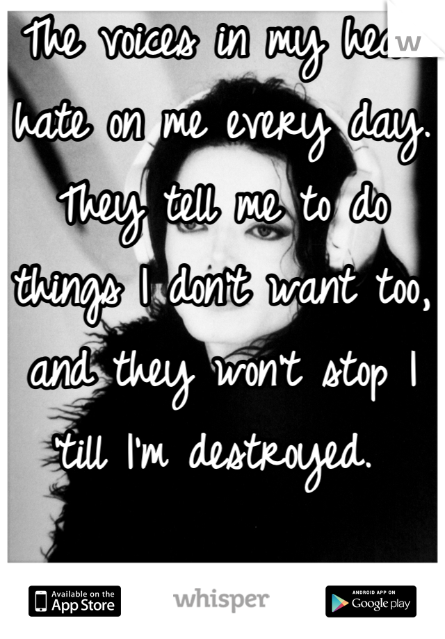 The voices in my head hate on me every day. They tell me to do things I don't want too, and they won't stop I 'till I'm destroyed. 