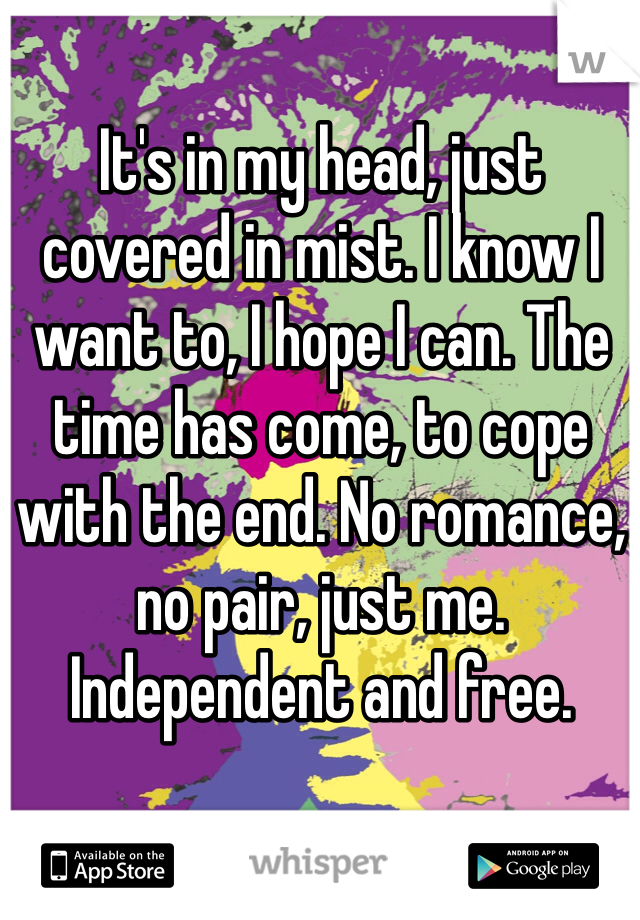 It's in my head, just covered in mist. I know I want to, I hope I can. The time has come, to cope with the end. No romance, no pair, just me. Independent and free. 