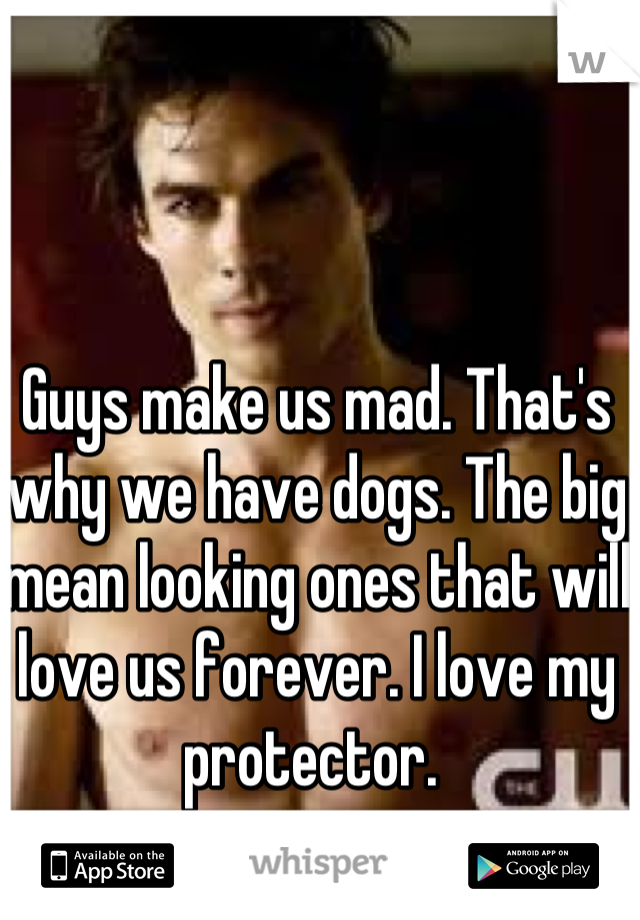 Guys make us mad. That's why we have dogs. The big mean looking ones that will love us forever. I love my protector. 