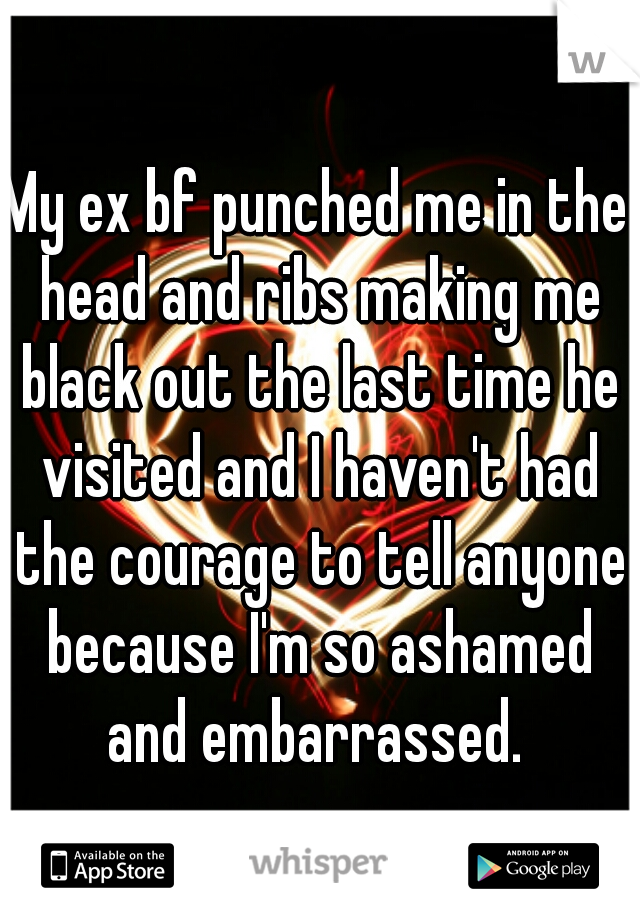 My ex bf punched me in the head and ribs making me black out the last time he visited and I haven't had the courage to tell anyone because I'm so ashamed and embarrassed. 