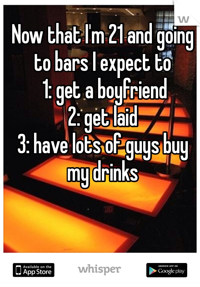 Now that I'm 21 and going to bars I expect to
 1: get a boyfriend
2: get laid 
3: have lots of guys buy my drinks