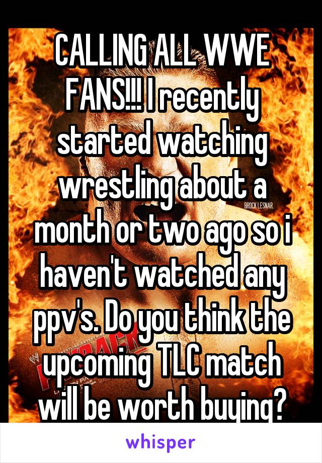 CALLING ALL WWE FANS!!! I recently started watching wrestling about a month or two ago so i haven't watched any ppv's. Do you think the upcoming TLC match will be worth buying?