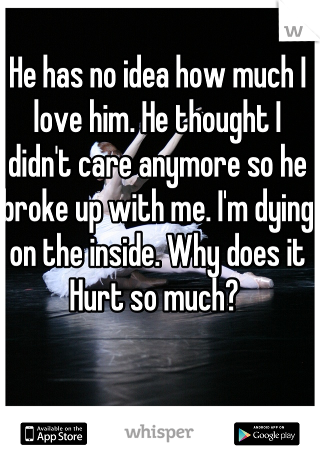 He has no idea how much I love him. He thought I didn't care anymore so he broke up with me. I'm dying on the inside. Why does it Hurt so much? 