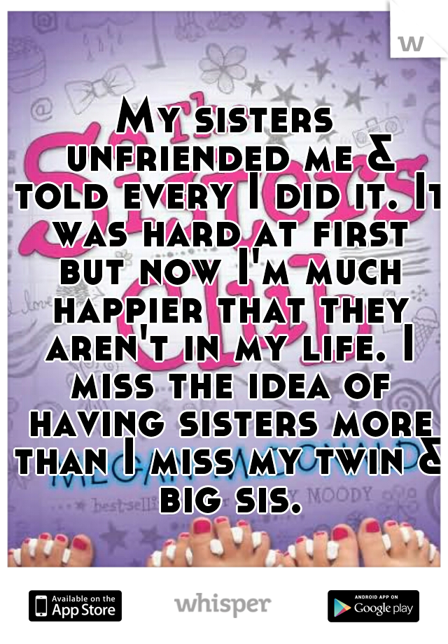 My sisters unfriended me & told every I did it. It was hard at first but now I'm much happier that they aren't in my life. I miss the idea of having sisters more than I miss my twin & big sis.