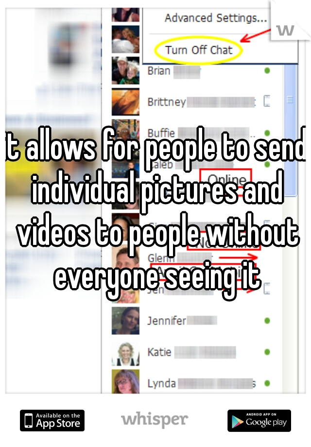 it allows for people to send individual pictures and videos to people without everyone seeing it