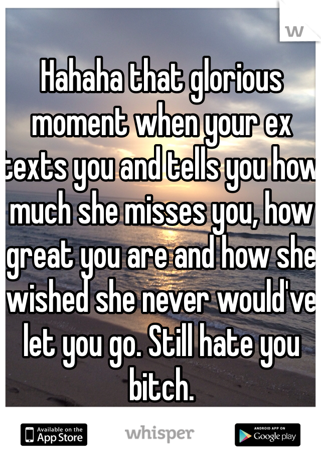 Hahaha that glorious moment when your ex texts you and tells you how much she misses you, how great you are and how she wished she never would've let you go. Still hate you bitch. 