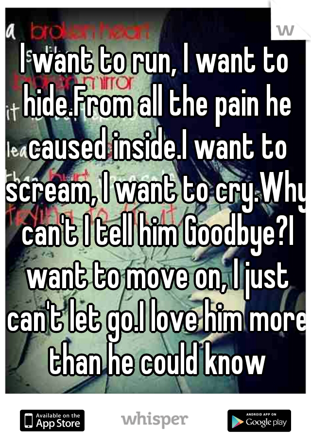 I want to run, I want to hide.From all the pain he caused inside.I want to scream, I want to cry.Why can't I tell him Goodbye?I want to move on, I just can't let go.I love him more than he could know