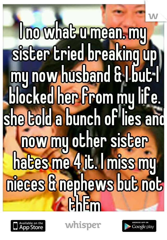 I no what u mean. my sister tried breaking up my now husband & I but I blocked her from my life. she told a bunch of lies and now my other sister hates me 4 it. I miss my nieces & nephews but not thEm