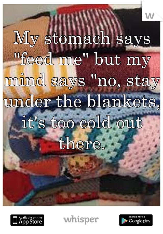 My stomach says "feed me" but my mind says "no, stay under the blankets, it's too cold out there.