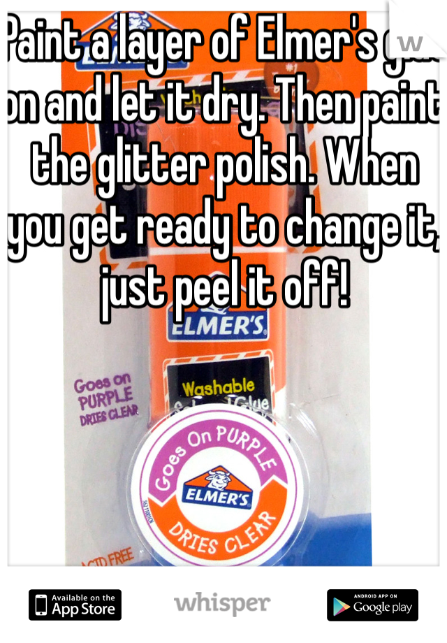 Paint a layer of Elmer's glue on and let it dry. Then paint the glitter polish. When you get ready to change it, just peel it off!