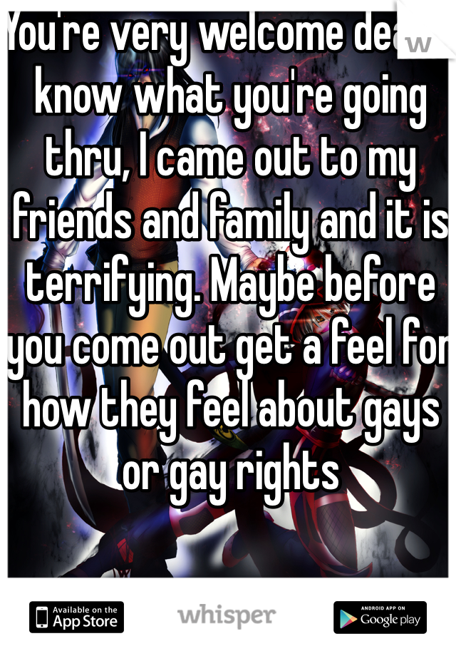 You're very welcome dear, I know what you're going thru, I came out to my friends and family and it is terrifying. Maybe before you come out get a feel for how they feel about gays or gay rights