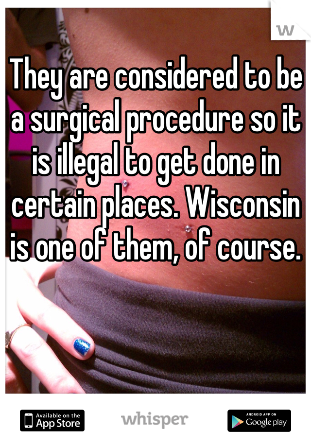 They are considered to be a surgical procedure so it is illegal to get done in certain places. Wisconsin is one of them, of course. 