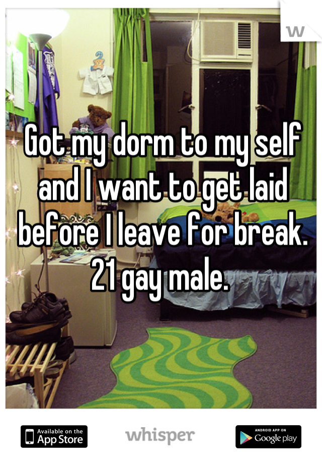 Got my dorm to my self and I want to get laid before I leave for break. 
21 gay male. 