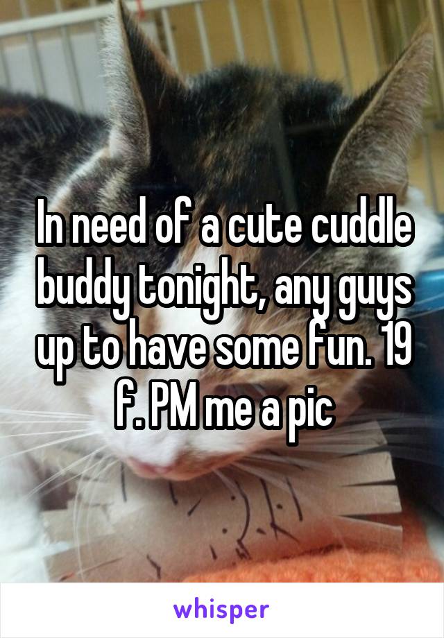 In need of a cute cuddle buddy tonight, any guys up to have some fun. 19 f. PM me a pic