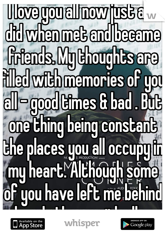I love you all now just as I did when met and became friends. My thoughts are filled with memories of you all - good times & bad . But one thing being constant the places you all occupy in my heart. Although some of you have left me behind already I hope with all my heart that you might find it possible to forgive me for not being the true friend that you all deserve and if there's a rock- n-roll  heaven may we all find our way there to hang-out, jam & party I  love you all - KD