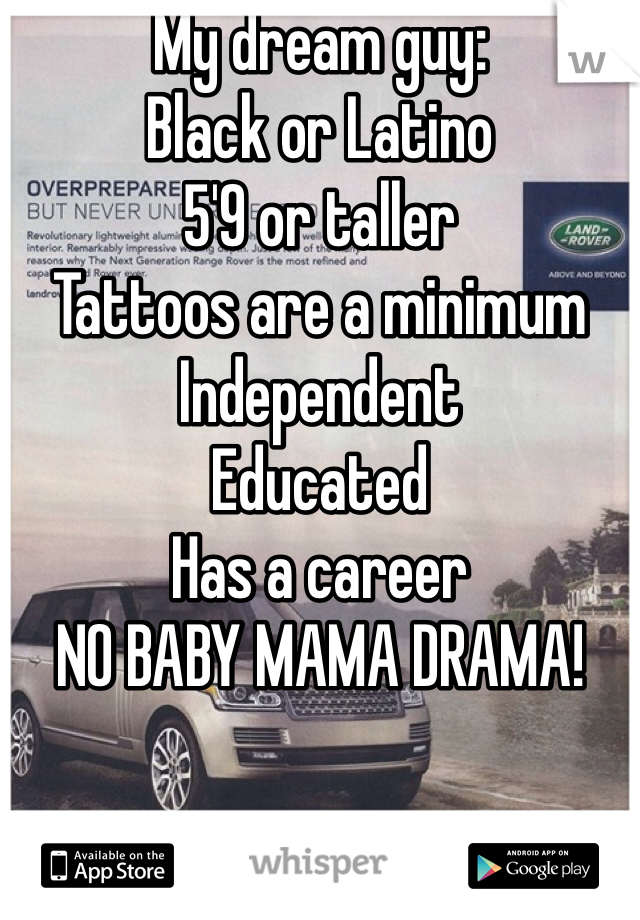 My dream guy:
Black or Latino
5'9 or taller
Tattoos are a minimum 
Independent 
Educated 
Has a career 
NO BABY MAMA DRAMA!