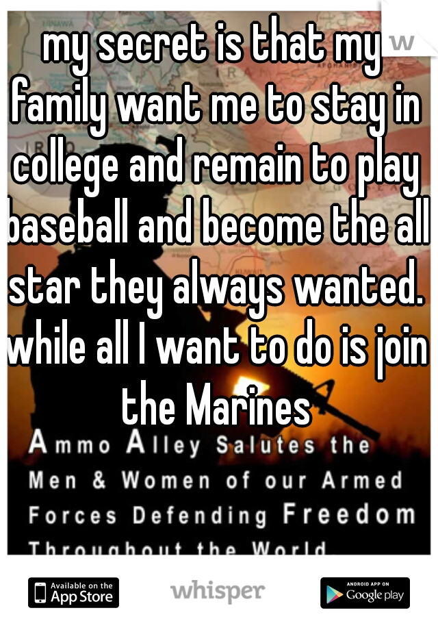 my secret is that my family want me to stay in college and remain to play baseball and become the all star they always wanted. while all I want to do is join the Marines