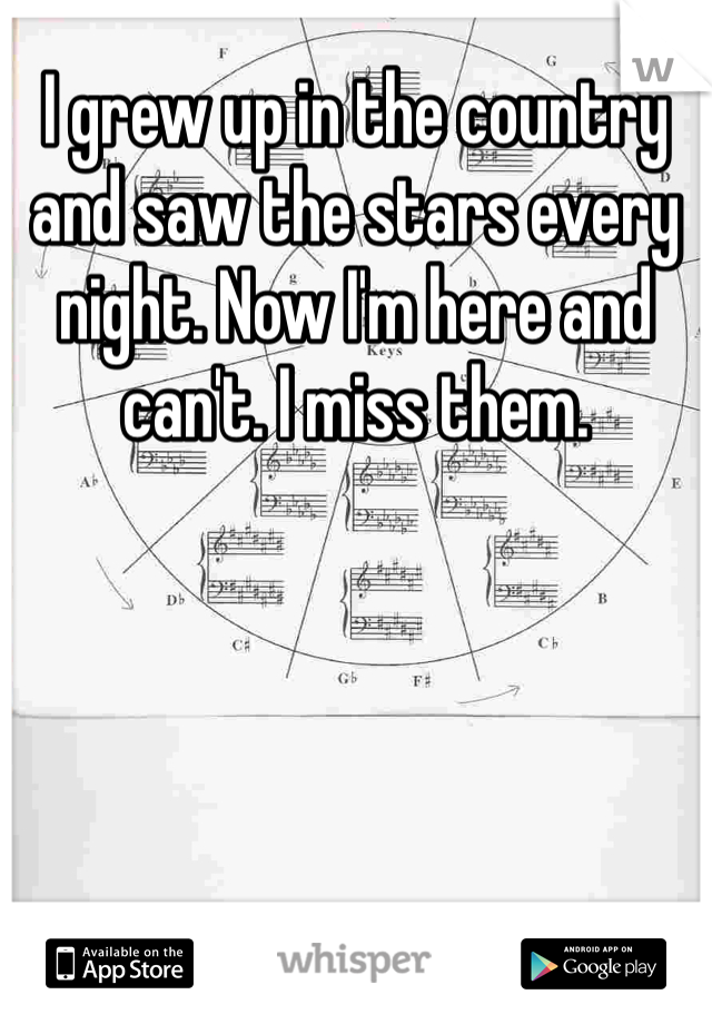 I grew up in the country and saw the stars every night. Now I'm here and can't. I miss them. 