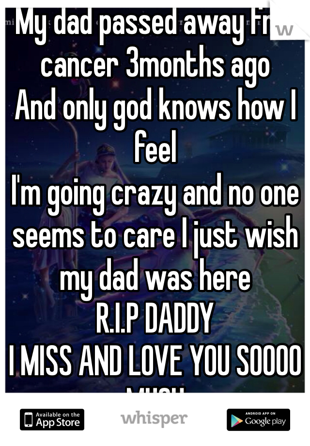My dad passed away frm cancer 3months ago 
And only god knows how I feel 
I'm going crazy and no one seems to care I just wish my dad was here 
R.I.P DADDY 
I MISS AND LOVE YOU SOOOO MUCH 
20 F