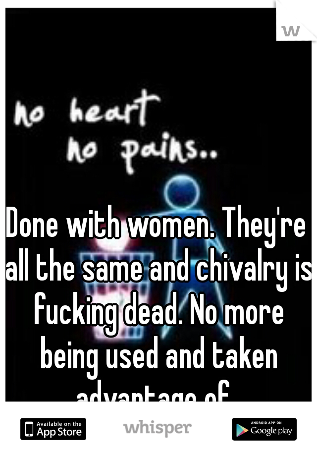 Done with women. They're all the same and chivalry is fucking dead. No more being used and taken advantage of. 
