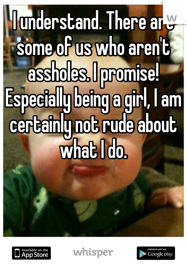 I understand. There are some of us who aren't assholes. I promise! Especially being a girl, I am certainly not rude about what I do.