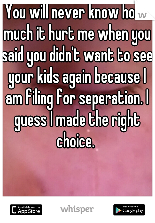 You will never know how much it hurt me when you said you didn't want to see your kids again because I am filing for seperation. I guess I made the right choice. 