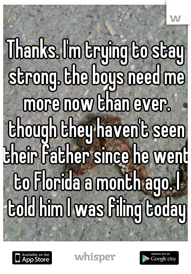 Thanks. I'm trying to stay strong. the boys need me more now than ever. though they haven't seen their father since he went to Florida a month ago. I told him I was filing today