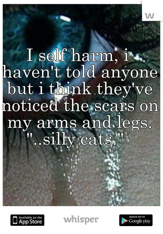 I self harm, i haven't told anyone but i think they've noticed the scars on my arms and legs.
"..silly cats." 