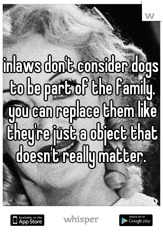 inlaws don't consider dogs to be part of the family. you can replace them like they're just a object that doesn't really matter. 
