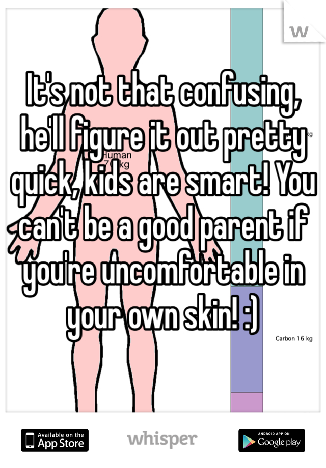 It's not that confusing, he'll figure it out pretty quick, kids are smart! You can't be a good parent if you're uncomfortable in your own skin! :) 