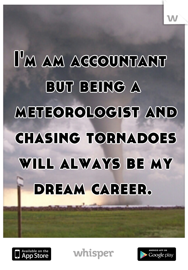 I'm am accountant 
but being a meteorologist and chasing tornadoes will always be my dream career. 